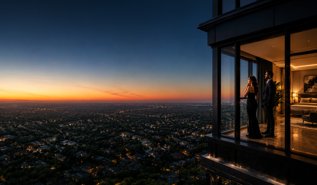 Couple enjoying city views from ARKA's ultra-luxury residence balcony